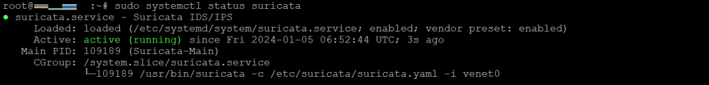 Terminal mostrando o Suricata ativo e carregado.