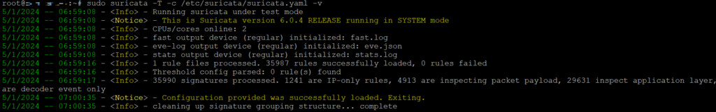 Terminal com os resultados dos testes do Suricata