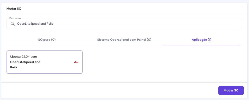 Menu de instalação do sistema operacional no painel VPS da Hostinger