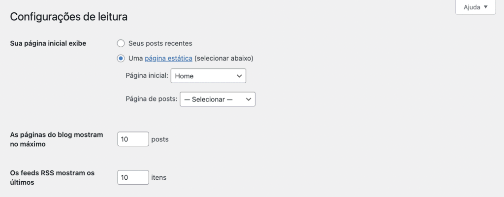 Configurações de leitura no WordPress