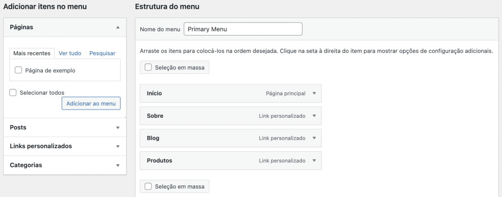 Configurações de Menu no WordPress