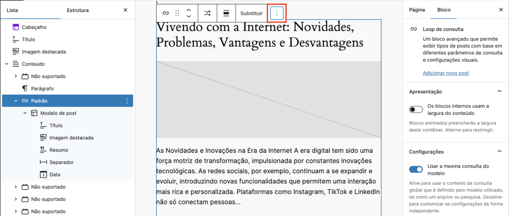 Editor de Temas mostrando onde clicar para acessar as configurações do Loop de consulta