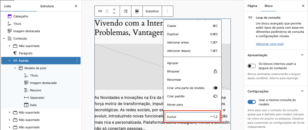 Editor de Temas Mostrando onde está o botão Excluir