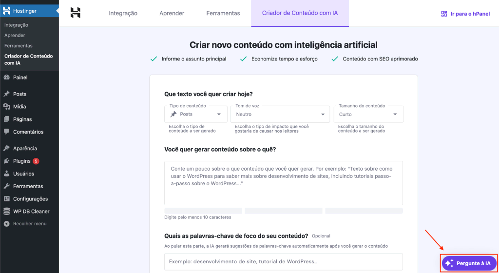 Painel do WordPress mostrando o botão de perguntar á IA