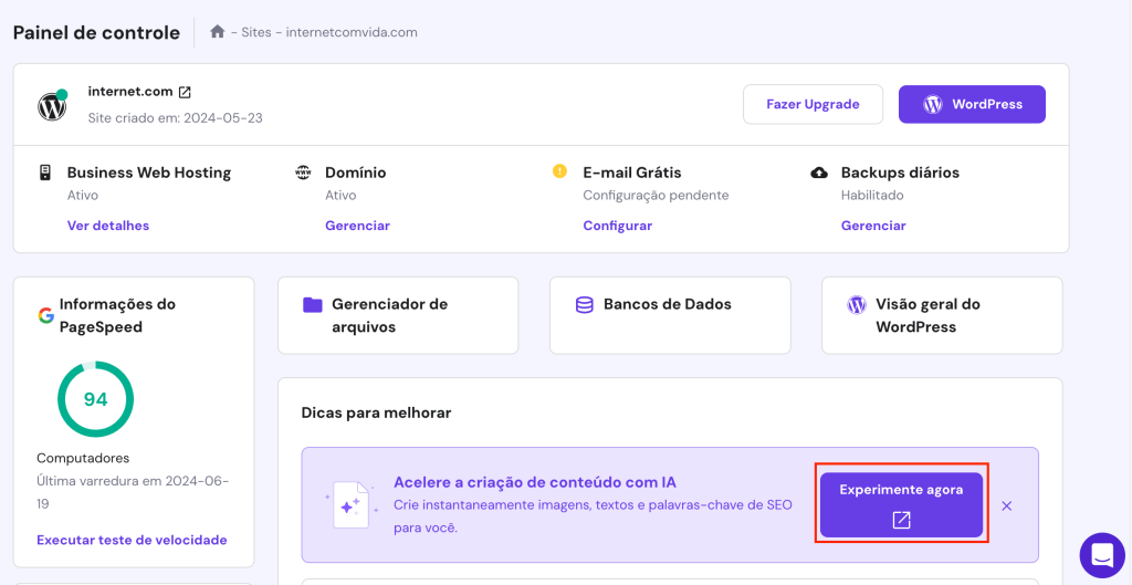 hPanel com o botão de experimente agora da ferramenta de IA