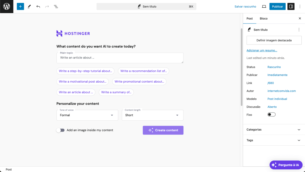 Editor de post com o bloco do Plugin de IA Hostinger