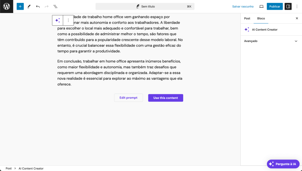 Editor de post com conteúdo gerado pela IA