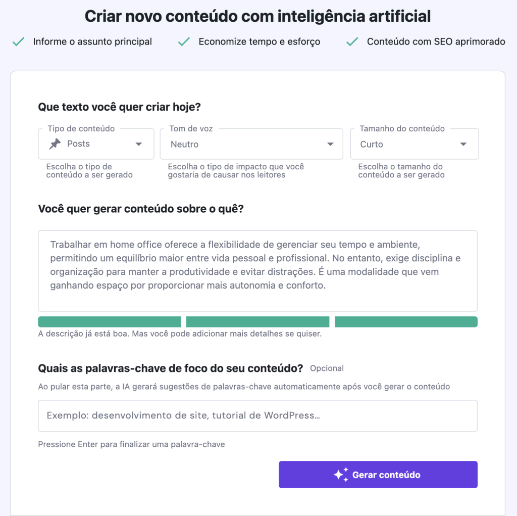 Tela de criador de conteúdo com inteligência artificial