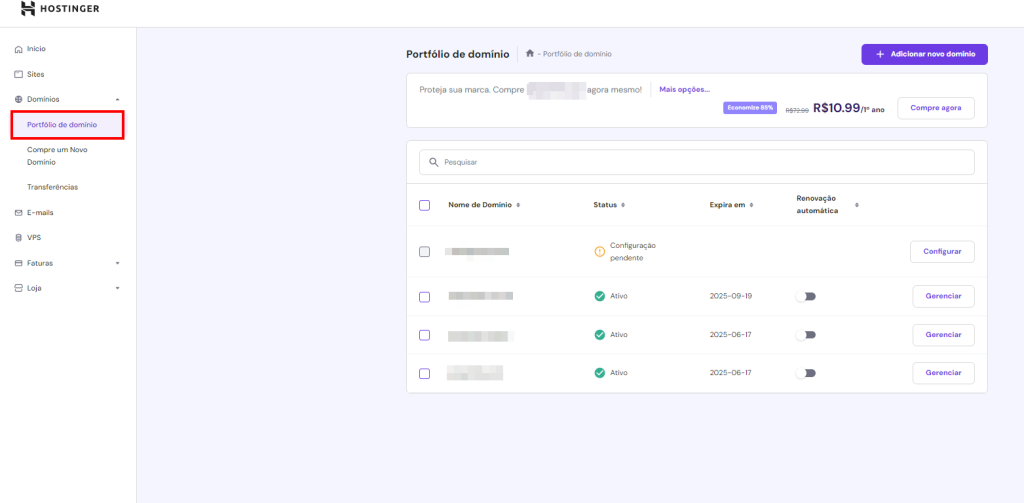 Seção meus domínios no hPanel