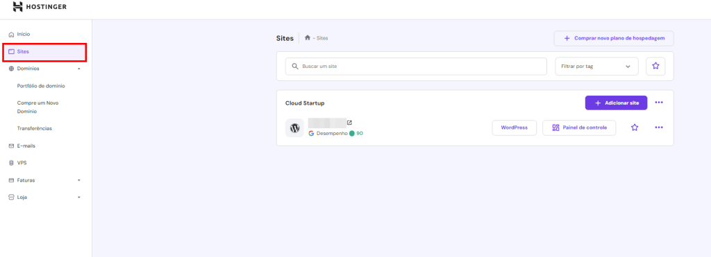 Seção Início na conta da Hostinger