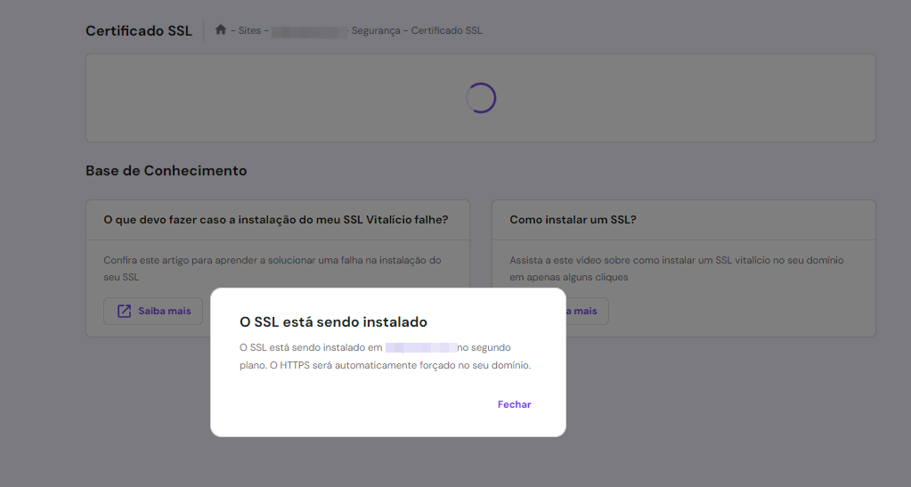 Aviso que o SSL está sendo instalado no hPanel