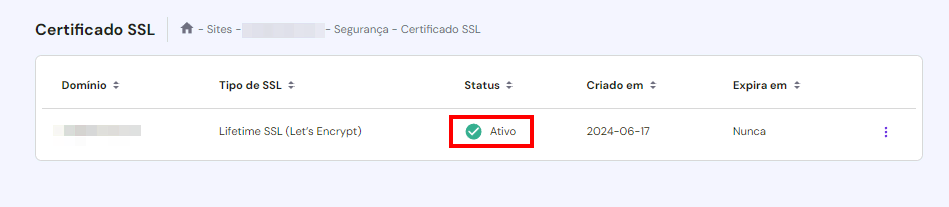 SSL ativo no hPanel