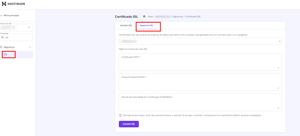 Opção para Importar SSL no hPanel