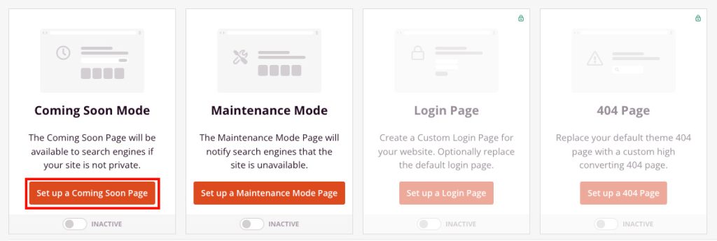 Página de configurações do SeedProd com o botão da opção do modo "site em construção" destacado