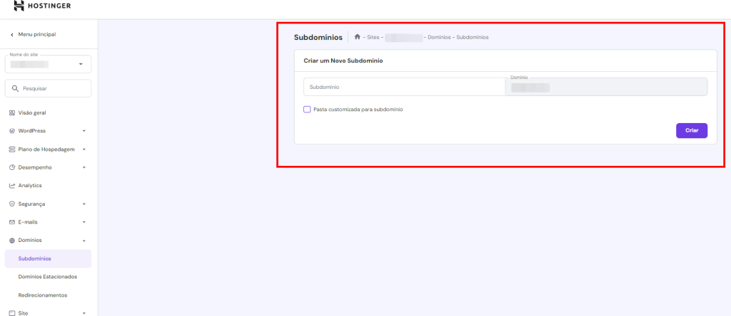Seção Criar um Subdomínio no hPanel