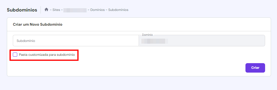 Opção para criar uma pasta customizada para seu subdomínio