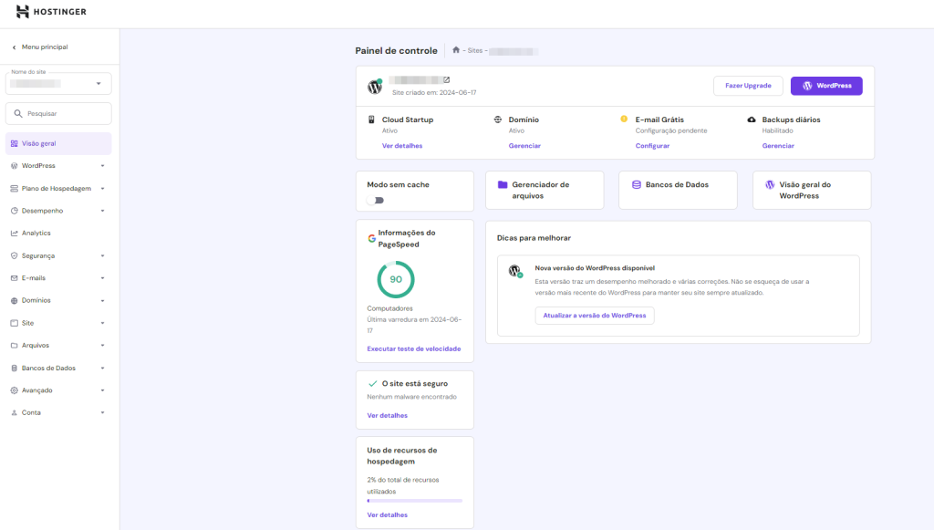 Painel de controle da Hostinger