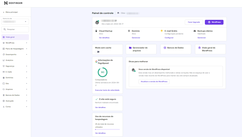 Painel de controle da Hostinger