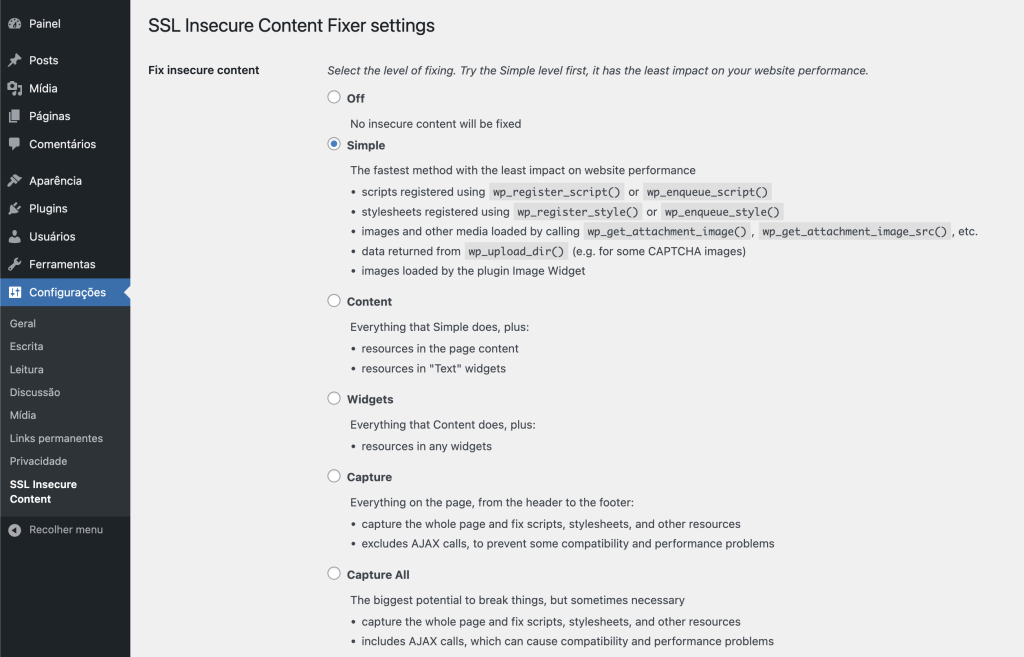 Configurações do plugin SSL Insecure Content