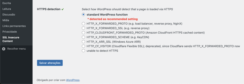 Local para salvar as alterações do plugin SSL Insecure