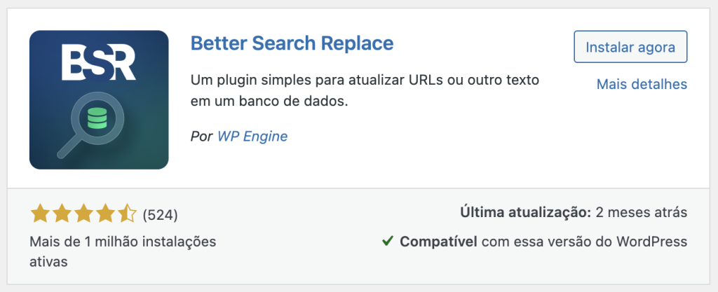 Janela de instalação do plugin Better Search Replace