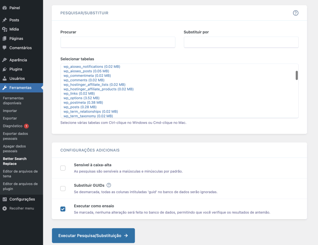Configurações do plugin Better Search Replace