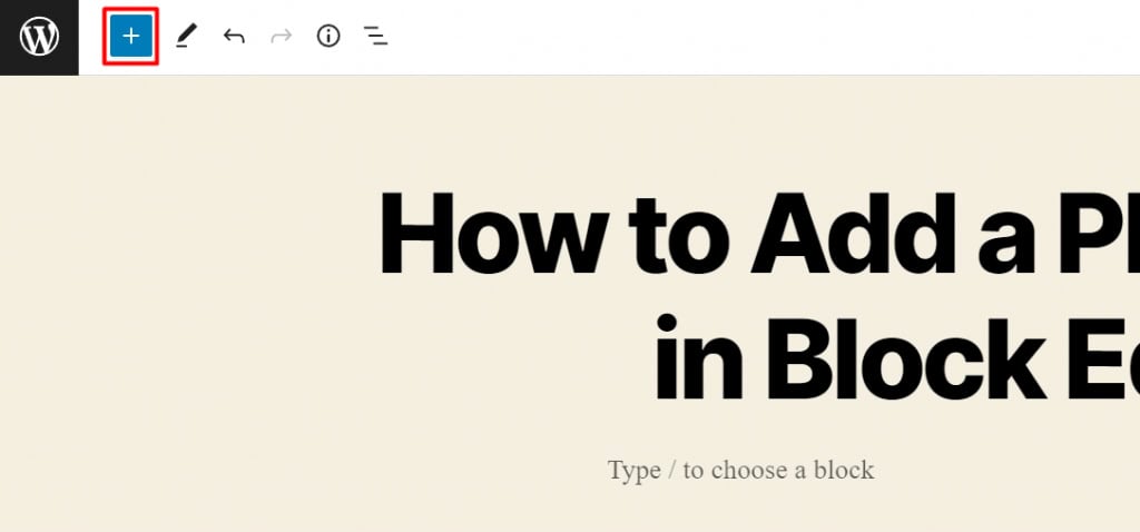 clicando no sinal de "+" para adicionar novo bloco no editor wordpress