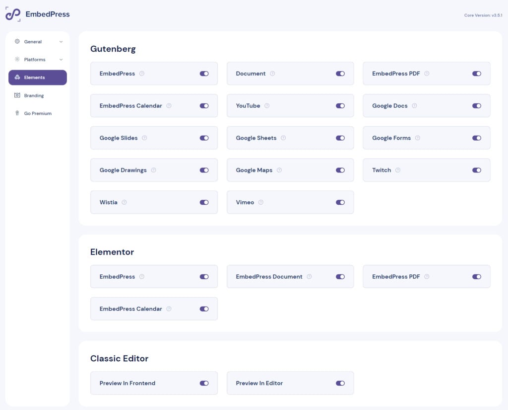 configurações do plugin embedpress