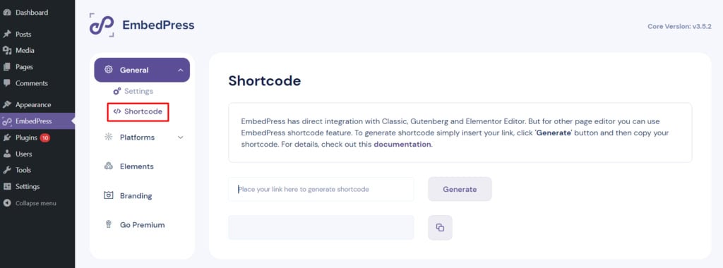 gerando novo shortcode no embedpress