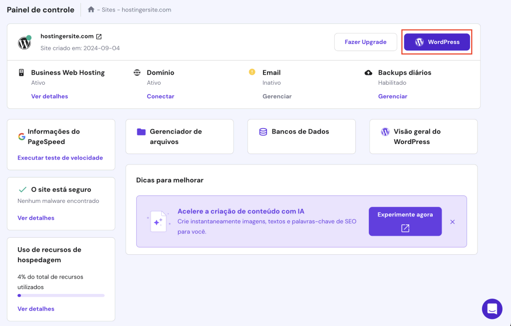 Painel de Controle indicando botão para acessar WordPress