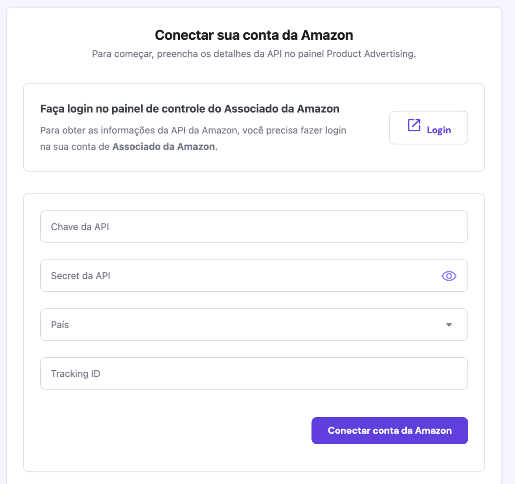 Tela para conectar conta da Amazon ao WordPress