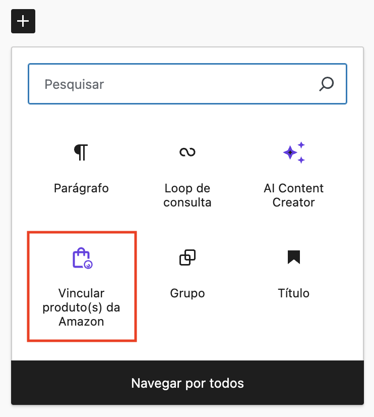 Criação de bloco para Vincular produto da Amazon