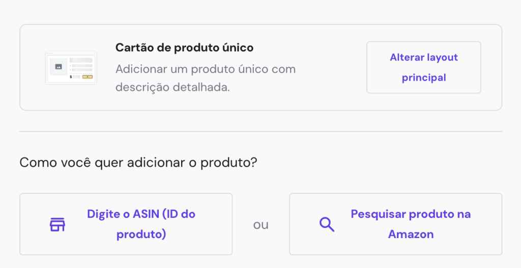 Tela para adicionar apenas um produto da Amazon