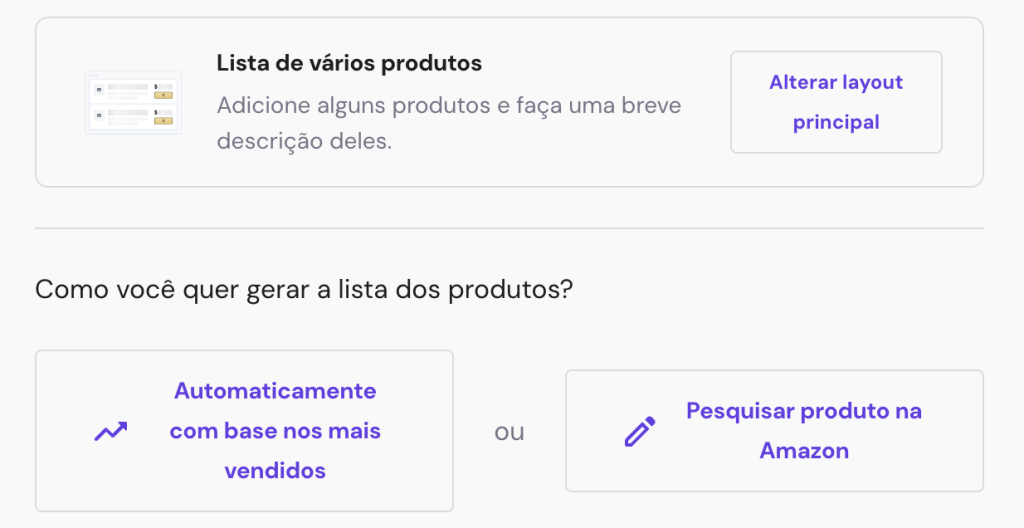 Tela para listar vários produtos da Amazon