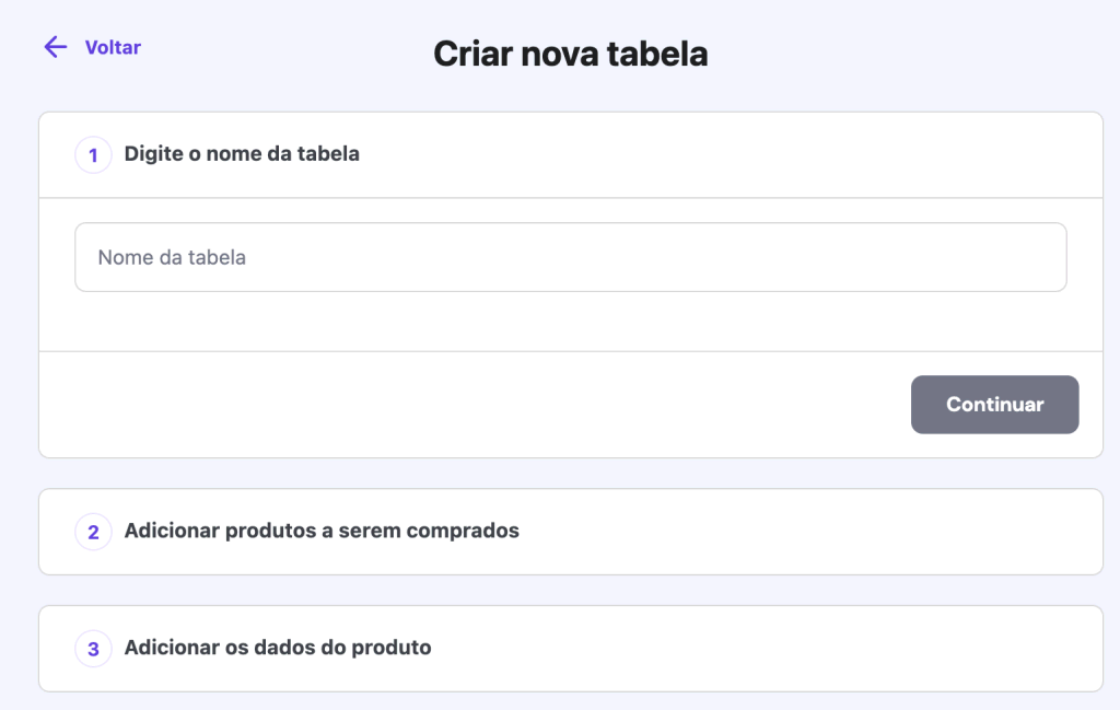 Criação de tabela de comparações