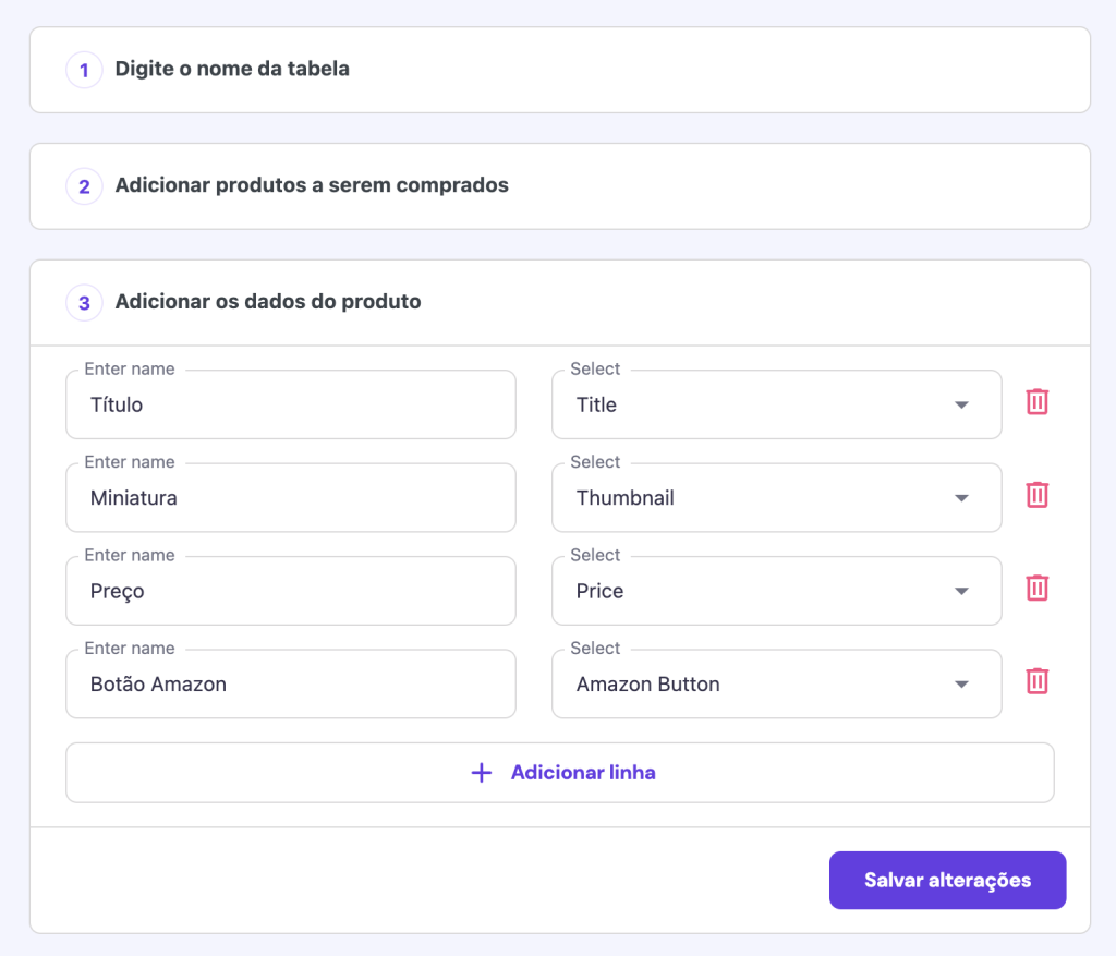 Configurações de dados dos produtos que serão comparados