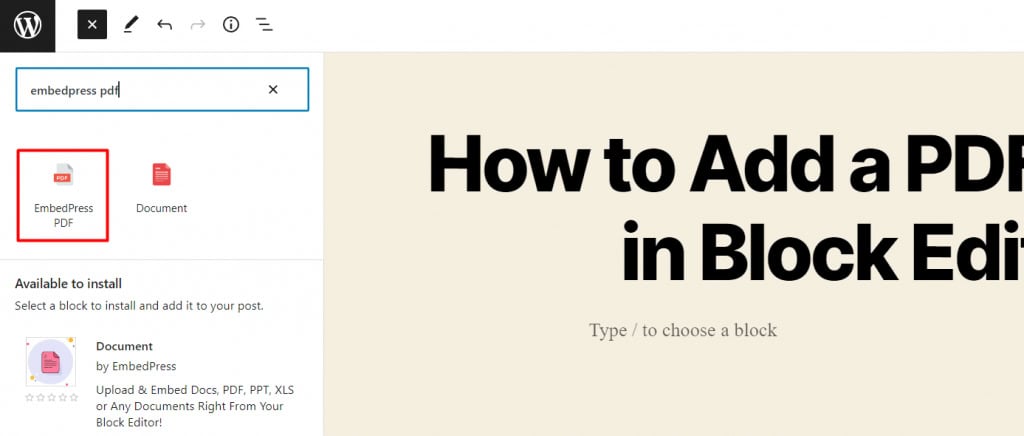 procurando o bloco do embedpress pdf no editor gutenberg