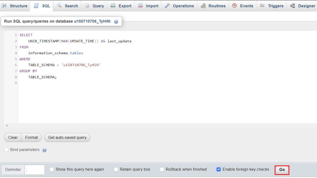 checando alterações no banco de dados mysql para determinar causa do erro 405