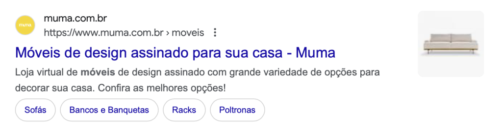 exemplo de tag de título e metadescrição da loja de móveis Muma no Google