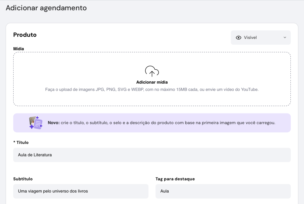 adicionando aula como produto de agendamento no gerenciador de loja virtual do criador de sites da hostinger