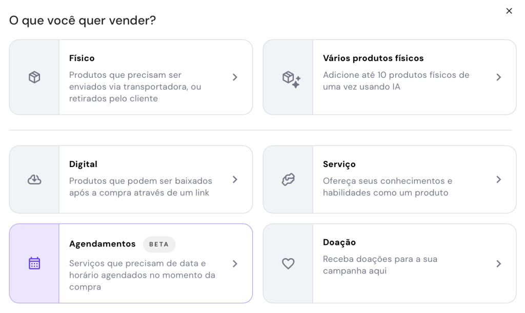 selecionando agendamento como tipo de produto no criador de sites e loja virtual da hostinger