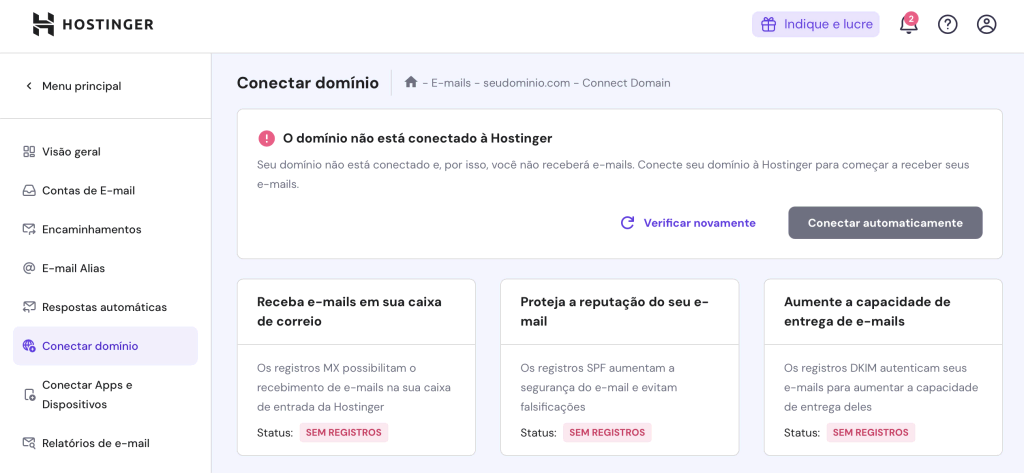 conectar domínio ao email no hpanel