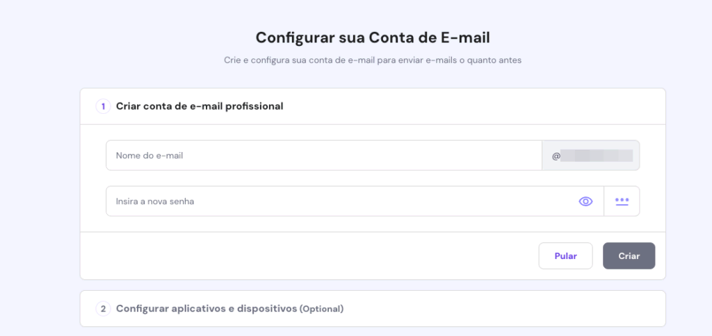 Tela de como criar um e-mail profissional na Hostinger