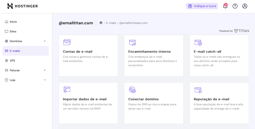 opção contas de email no email titan