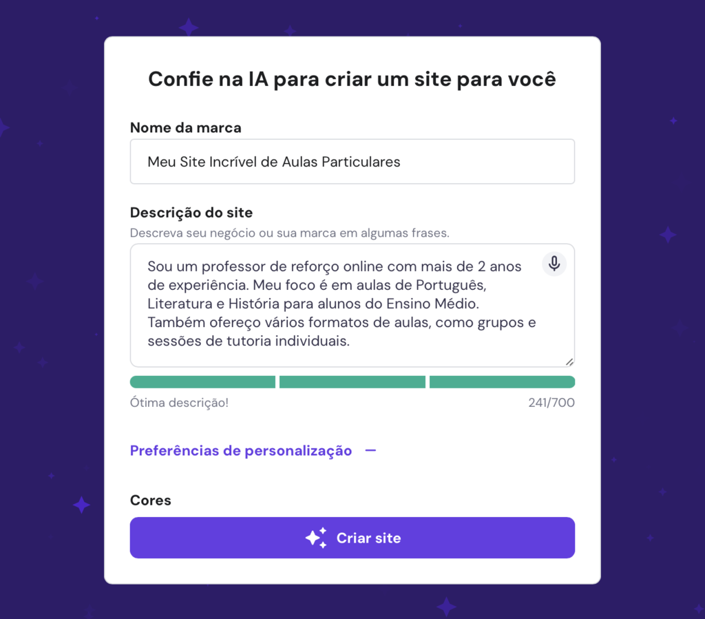 criador de sites com ia da hostinger criando um site de aulas particulares online