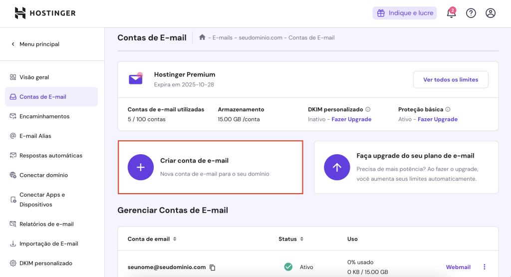 criar conta de email no hpanel