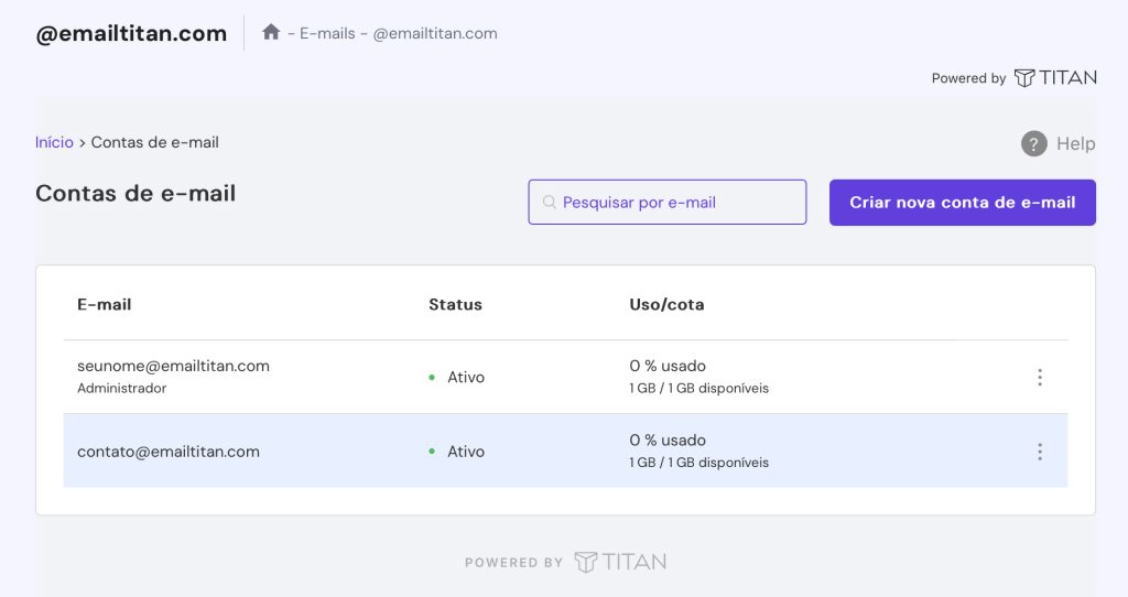 contas de email titan com opção de criar conta de email no hpanel