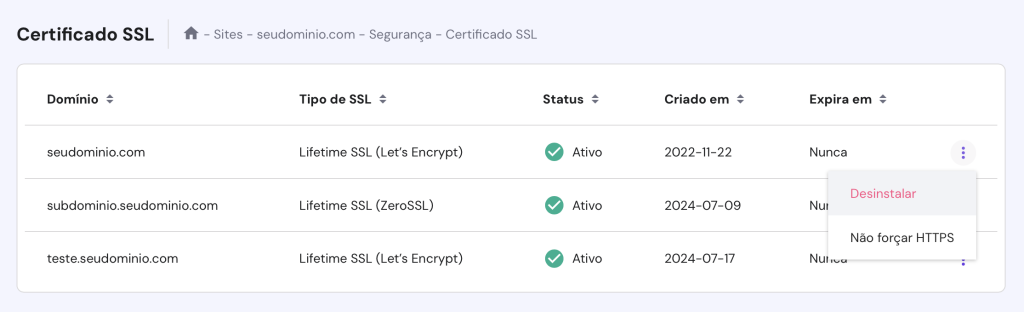 desinstalar ssl pelo hpanel