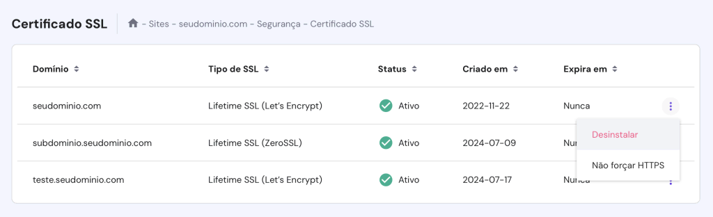 desinstalar ssl pelo hpanel