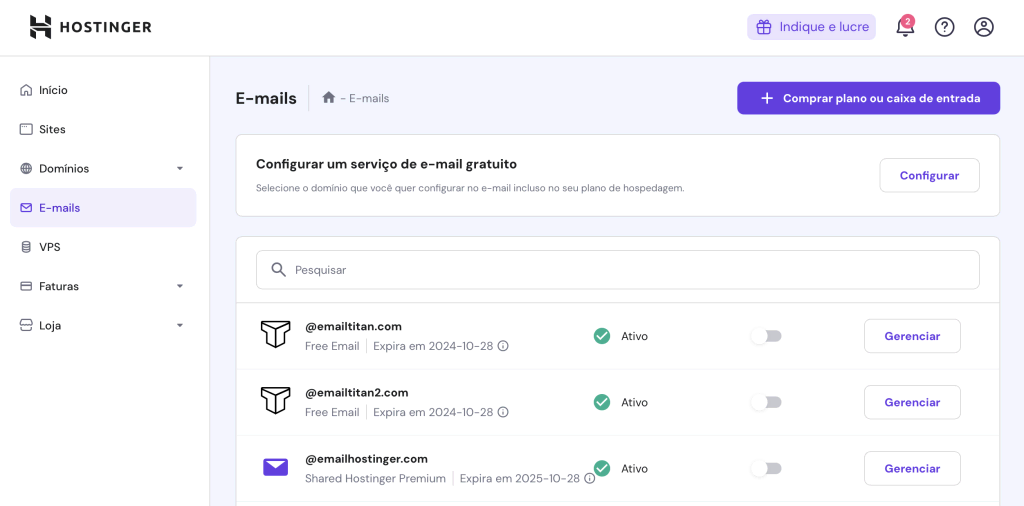 gerenciar email titan e hostinger no hpanel